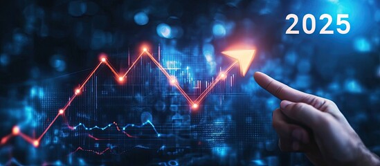 Projected growth in 2025.  An upward trend indicated by a pointing finger over a graph