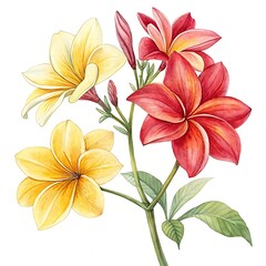 Yellow and Red Watercolor Flowers on white Background