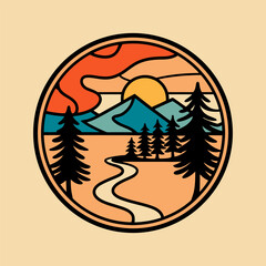 Sunset Mountain Landscape with Trees and River Illustration