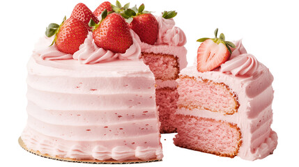 A slice of creamy layered cake with pink frosting and topped with fresh strawberries on a decorative white plate.