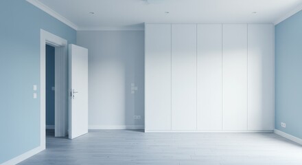 Empty Room Interior Photo Blue Walls and White Door with Bright Light