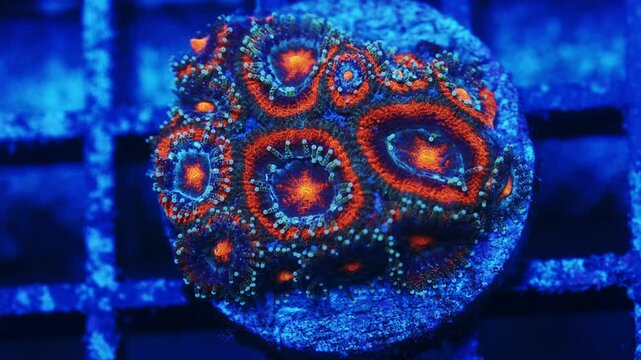 Macro shot of Micromussa acanthastrea coral under actinic lighting, showing blue base with an orange ring, teal polyps, and bright orange centers in reef aquarium