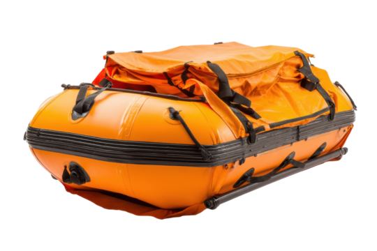 Orange, packed lifeboat isolated on transparent background