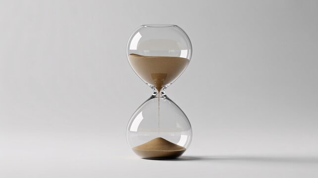 Elegant glass hourglass filled with fine sand, symbolizing the passage of time in a minimalist setting.