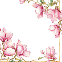 Fototapeta premium Floral frame with pink magnolia isolated on transparent background