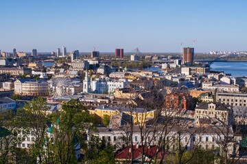 Kiev cityscape with the Dnieper river and bridges