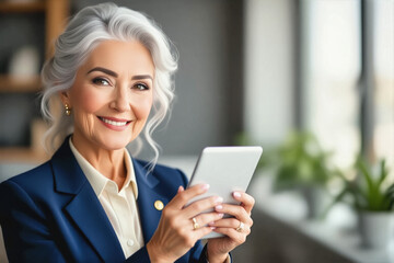 A confident, elegant woman with silver hair smiles warmly while holding a tablet in a modern, well-lit interior.