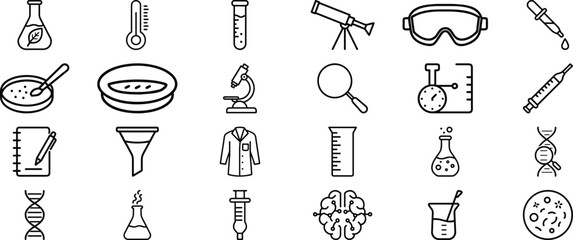 Science Line Icon set. Contains such icons as Planet, Machine Learning, Chemistry, Biology, Medicine, Education, Science vector illustration.