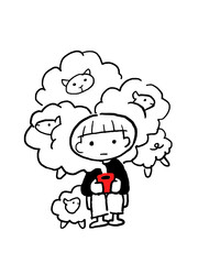 Line art of a child with fluffy sheep-shaped thoughts and a red cup