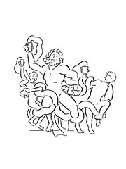 Abstract line art of mythic man and sons fighting serpents
