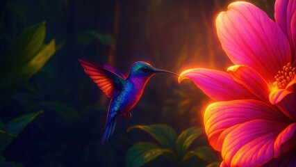 Vibrant hummingbird near flower