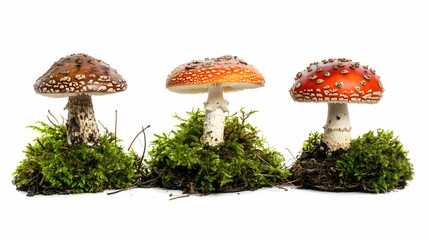 Traditional red-capped toadstools with white stems on moss, isolated.