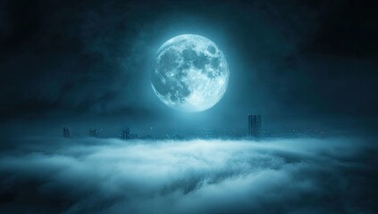 Fototapeta premium Vast city shrouded in mist, moonlit night