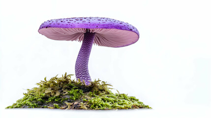A striking single purple mushroom growing on moss, isolated with detail.