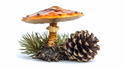 A unique mushroom beside a pinecone and fir needles, isolated on white.