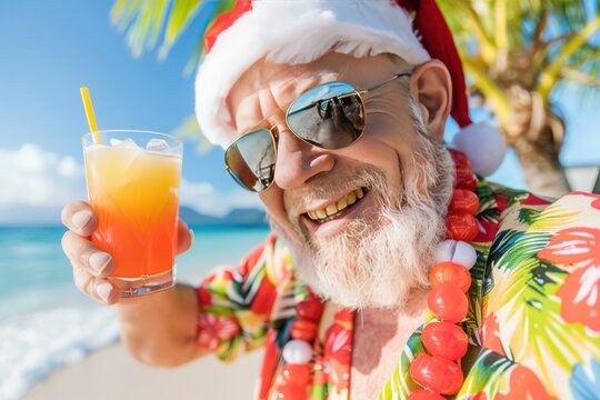 Tropical Christmas: Senior Man Celebrating on a Beach