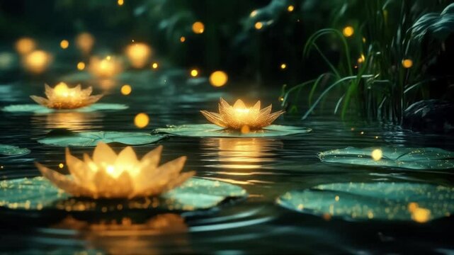 A tranquil pond glows with ethereal lotus flowers floating gently on the water