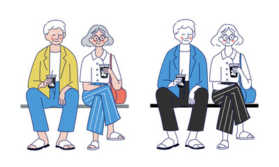 ベンチでドリンクを楽しむシニア夫婦のイラスト
