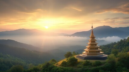 Majestic temple at sunrise surrounded by mountains and fog.