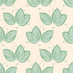 Pattern mint leaves doodle, contour drawing on background of mint green spots, on creme beige background.