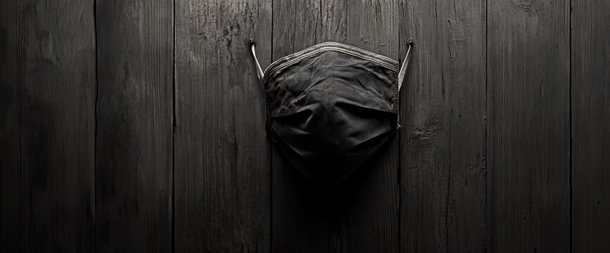 Black face mask hanging on wooden wall, representing pandemic era or industrial safety - Powered by Adobe