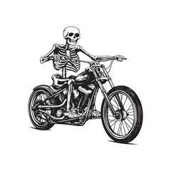 Obraz premium Vector illustration of a skull in a cool style riding a big motorbike, combining horror elements and a tough biker style isolated on white background.