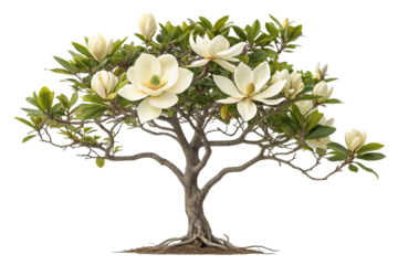 Beautiful Magnolia Bonsai Tree with White Blossoms on Transparent Background,ai generated