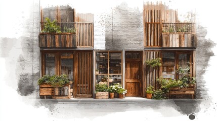 Rustic Charm Watercolor Shopfront with Plants and Wood Accents.