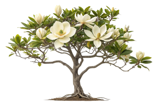 Beautiful Magnolia Bonsai Tree with White Blossoms on Transparent Background,ai generated