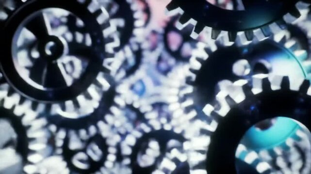 Infinite gears turning in anti-gravity, glowing edges