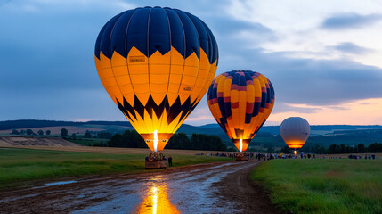Obraz premium Glowing hot air balloons light up a field at dusk