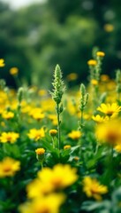 Obraz premium Vibrant yellow wildflowers in summer meadow with soft focus