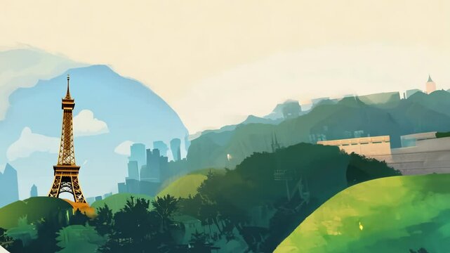 Abstract Paris & Great Wall Animated Scenery. Landscape Background. 4K.