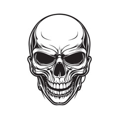 Skull head vector illustration with sharp details and strong artistic style isolated on white background.