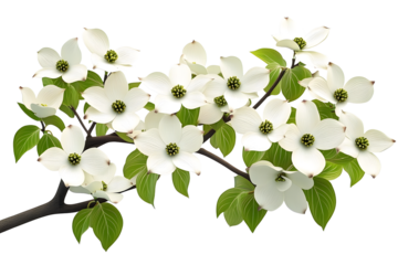 a 2D cartoon illustration of a dogwood tree with white blossoms, elegant and fresh, white background