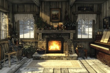 Cozy winter interior scene with fireplace and piano.