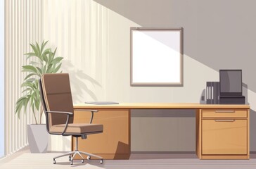 Modern vector office room, vertical slats, natural light,
