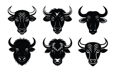 set of black buffalo head on white background