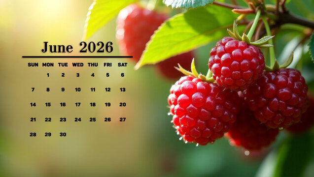 June 2026 calendar layout with a vibrant close-up of fresh ripe raspberries in the background.