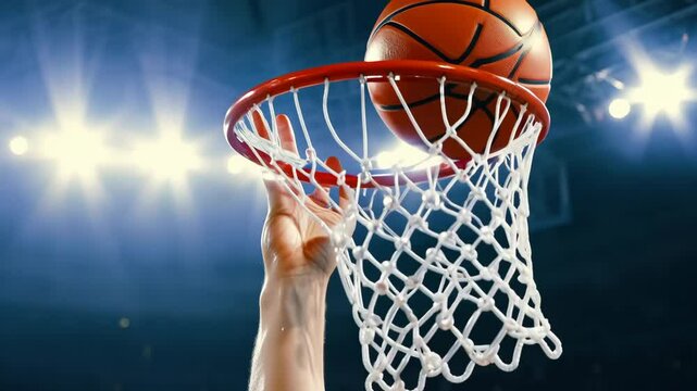 Basketball slam dunk close-up, arena lights, action shot in 4K.