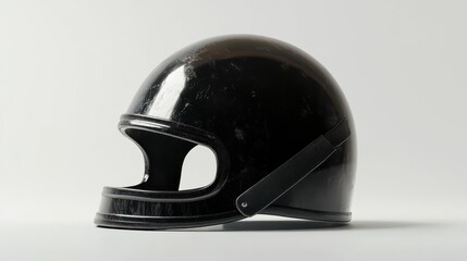 Classic black helmet displays a worn aesthetic, emphasizing its history and style in a minimalist presentation.