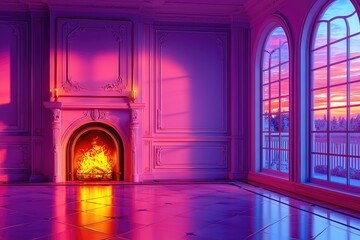 Fototapeta premium A vibrant, stylized interior room with a fireplace and large windows.