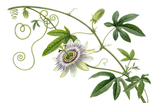 Detailed Watercolor Painting of Passion Flower Vine on Transparent Background,ai generated