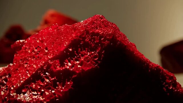Close-up on crystalline red mineral formation, showcasing intricate facets and textures under studio lighting, geological specimen, bright hue