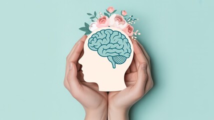 A conceptual image of hands holding a graphic brain with floral elements, symbolizing mental wellness.