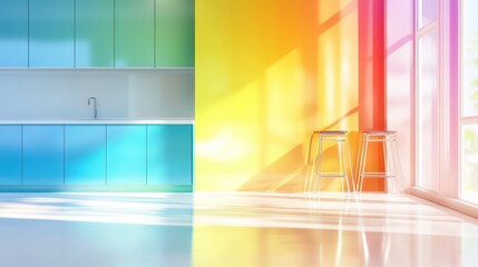 Colorful Kitchen Interior: A vibrant kitchen interior design featuring a spectrum of colors. Sunlit space with modern furniture. It's a celebration of bold design and bright living.