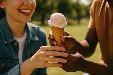 Joyful sharing ice cream outdoors.