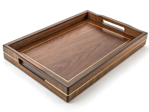 Elegant walnut wood serving tray with gold accents - Powered by Adobe