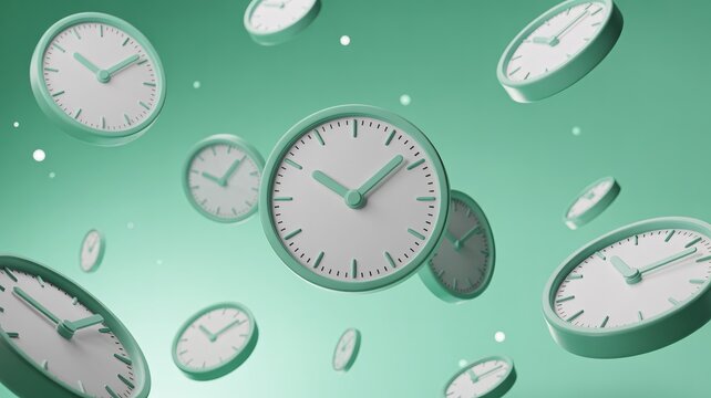 Floating clocks in a dreamy green backdrop create a whimsical atmosphere of time and movement.