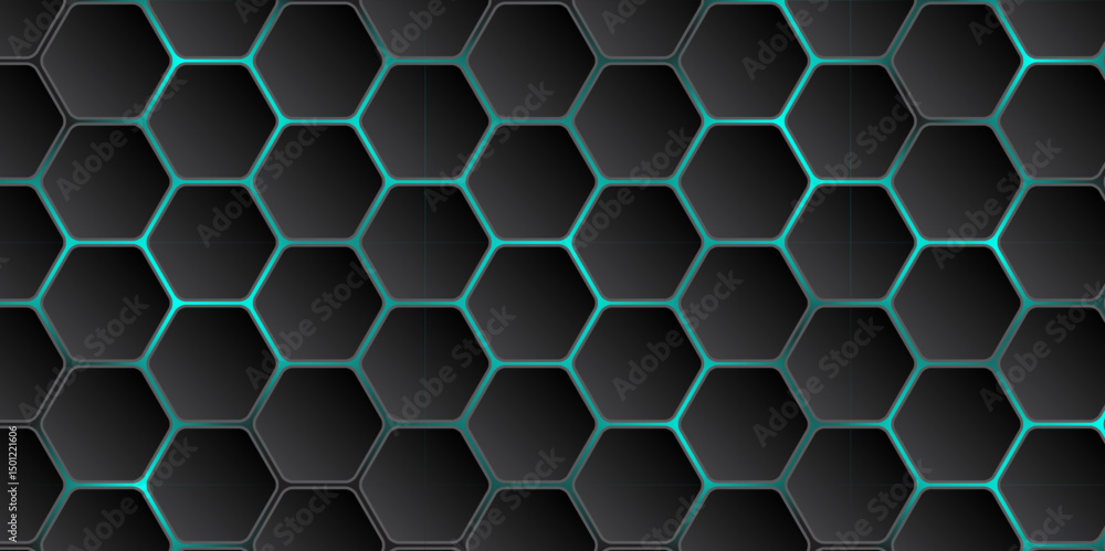 Poster abstract minimalistic dark sci-fi hexagon background. black and blue hexagonal geometric design. vec